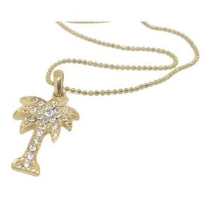Brand New Womens Palm Tree Rhinestone Necklace on Ball Station Chain in Gold